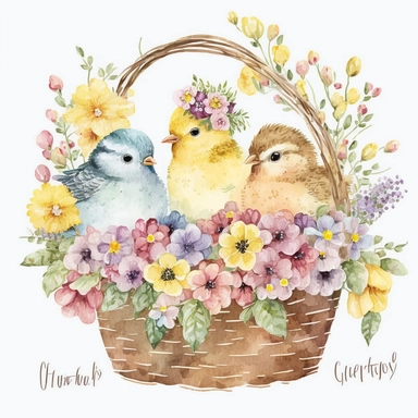 watercolor clipart cute Easter chicks in flower basket, white background, high resolution