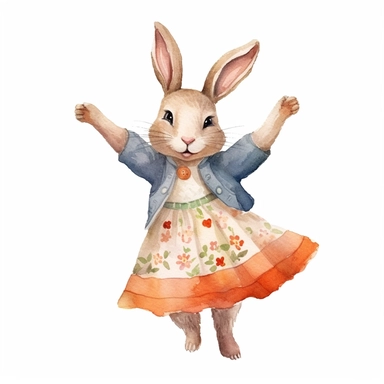 adorable bunny dancing, handpaint watercolor, high resolution, cartoon style, watercolor clipart,