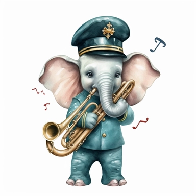 cute baby elephant as a marching band saxophone player, nursery wallpaper clipart naive art