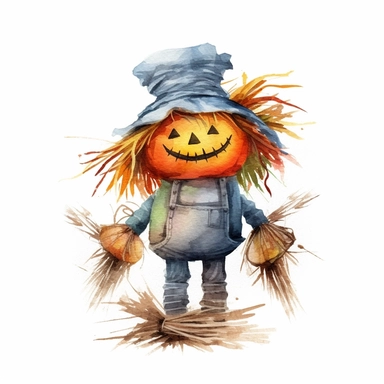 Halloween scarecrow, full color, knitted painting texture, Perfect for nursery art and children's book illustration style, simple, cute, full color, clipart, watercolor illustration, single object, high definition 8k,white background for removing background - - no text shadow font watermark