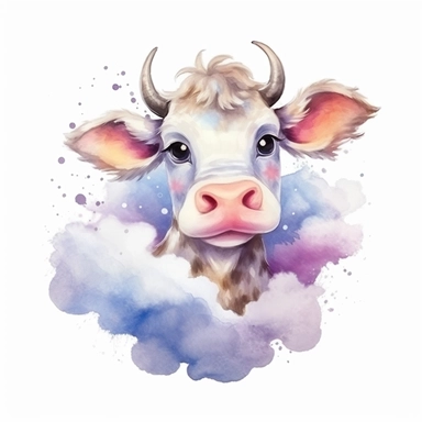 cute colorful cow with cloud clipart, for childish cards, detail, illustration style, high solution, Watercolor, on the white background, hd