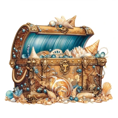 a treasure chest, brimming with untold riches, rests on the sandy ocean floor. The chest gleams with polished gold, adorned with intricate engravings that hint at ancient legends. , azure waters. Delicate seashells and shimmering pearls are scattered nearby, clipart, white background