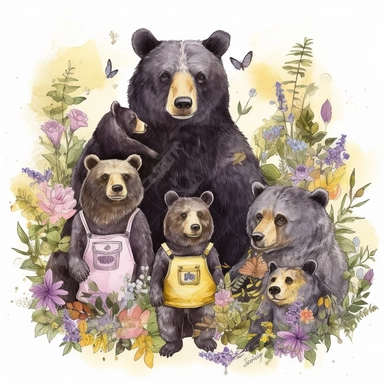hand drawn family of black bears, wearing clothes in shades of yellow and purple, at a cabin in the woods, bumblebees, purple flowers and grass, very detailed, very realistic, watercolor, clipart style