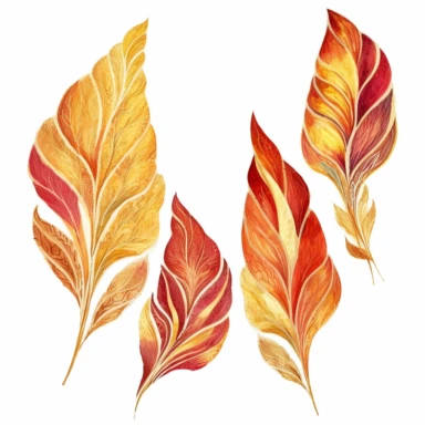 Design a dreamy watercolor clipart of a chinese-inspired Sprays of autumn leaves in shades of red, orange, and gold arranged in a cascading and flowing design composition, hand-painted with soft and graceful brushstrokes. Draw inspiration from the artistic finesse of Ethereal Petals Watercolors for a refined and ethereal depiction. isolated on a white background, hand-drawn illustration, hand-painted watercolor texture, 16k UHD resolution, intricately detailed, sharp focal points, designed by An