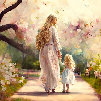 beautiful young pregnant mother with long beautiful blonde hair, toddler daughter with long beautiful hair holding hands walking in park, flowering trees, path lined with benches, highly detailed, realistic, fantasy, ethereal, soft colors, sharp focus, clipart style, fix dress