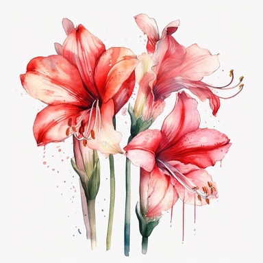 watercolor illustration of Amaryllis flowers, watercolor clipart, watercolor splashes, spring boho vibes, 4k uhd, realistic floral portrait, white background