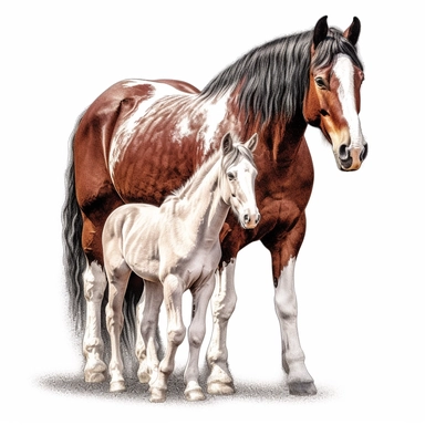 clydesdale horse horse and foal in the style of digital airbrushing realistic yet stylized, digitally enhanced, clipart, 32k uhd, detailed crosshatching white background