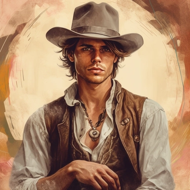 beautiful stunning handsome vintage cowboy young man, tarot style, paint art style, clipart, white background, superrealistic, one of a kind