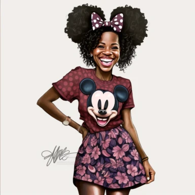 2d, beautiful vibrant full body smiling african american adult mickey mouse woman clipart, dark brown face, pink ears, purple shoes, cartoon realistic