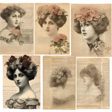 vintage style woman newspaper illustrations clipart set, detailed 4k, clipart style, background white