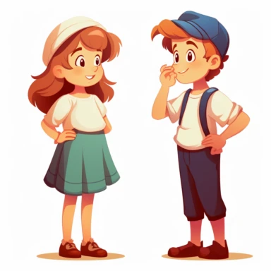 girl and boy 10 years old chatting, dressed in children's clothes girl thinking, the boy says something emotionally and holds his hands up, simplified vector graphics on white background clipart simple graphics without outline