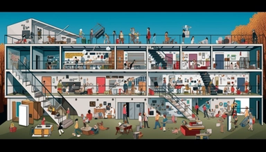 illustrated creative space, lots of people are working, hidden object, funny, minimalistic, vector clipart, 8k, high detail