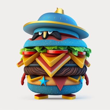 3D Cartoon in form of hamburger wizard clipart mascot, Transparent background, 128K, supermega pixel, insane detail, hyper detailed, huge details, UHD, 8K