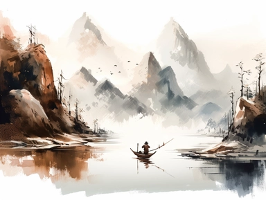The mountains in winter are covered with snow, and there is an ancient Chinese boat on the glacier, An old man fishing is sitting on the bow, soft illumination, Impressionism, Traditional Chinese Ink painting, Clipart, no background, trending in Artstation