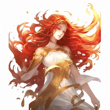 a girl with red flowing hair, delicate shades of red orange and gold, watercolor clipart, white backound, no backound, glowing,Takehisa Yumeji