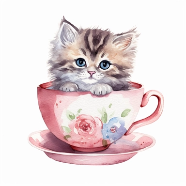 watercolor cute cat sitting inside a teacup, pastel colors, high quality, clipart, white background