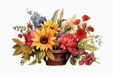 Hydrangea, Sunflowers, Gladiolus, and Dahlias watercolor flowers in a cornucopia, clipart, vibrant multicolored, aesthetic, realistic detail, white background