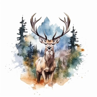 watercolor style, buck deer with the mountain forest in the back clipart, isolated on white background, hd
