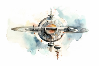 Watercolor, Create an image showcasing a satellite in a halo orbit, maintaining a stable position around a Lagrange point in the Earth-Moon system clipart, hd, on a white background, spaced out