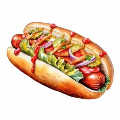 a watercolor, hyper-realistic clipart image with a white background and white margins, showcasing a classic hot dog with a perfectly grilled sausage, nestled in a fluffy bun, topped with ketchup, mustard, and relish. The ultra-detailed, hand-drawn elements capture the vibrant colors and textures of the toppings. Use whimsical touches to add a touch of nostalgia, and bold shades of red, yellow, and green to evoke the mouthwatering and savory nature of this iconic street food.