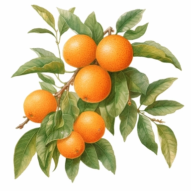 This highly detailed watercolor clipart showcases a captivating orange fruit with lush green leaves in the background, presented against a clean white backdrop. The artwork exudes an elegant and serene vibe with its neutral color palette, capturing the essence of nature's beauty. The orange is meticulously rendered, showcasing its textured peel and vibrant hue, while the surrounding leaves add a touch of botanical charm. The watercolor technique brings depth and realism to the clipart, making it