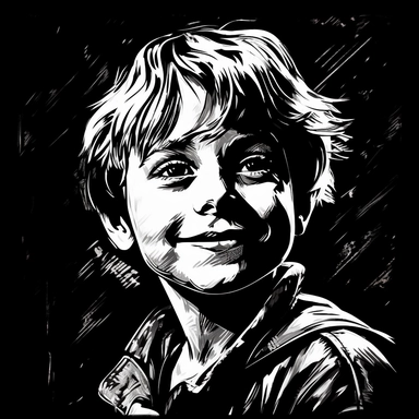 sketch clipart of 20s poster miracle boy, hd, white on black background, spaced out,--ar 3:2