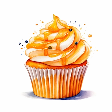 on white background cute and vibrant clipart featuring orange cupcake in watercolor style, hyper realistic photo flat color