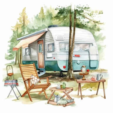 camping style cute caravan in the campground with watercolor effect,camping tools,camping chairs and table,caravan pengola,forest landscape,suitable for digital clipart,white background
