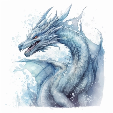high level watercolor, hyper realistic, white background with margins, 8k, ultra detailed clipart, large, futuristic, A giant ice blue dragon, its frosty breath creating swirling snowflakes and ice formations in the air, fairy, cool, pastel blue
