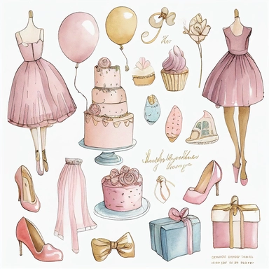 Please create a series of whimsical fashion illustrations featuring different items related to birthdays and birthday parties in shades of pink, blue, and gold. Each illustration should be drawn in a charming and playful style that captures the fun and excitement of birthday celebrations. Items to include can be balloons, cakes, gifts, party hats, and decorations. Please use a combination of watercolor and pencil drawings to create a unique and artistic look. The color palette should be dominate