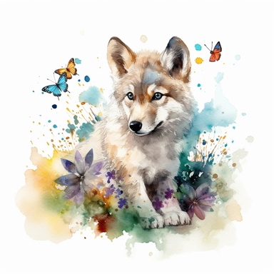 Embark on a watercolor journey as you bring to life a captivating clipart illustration featuring a spirited baby wolf immersed in its own playful world within a lush forest. Against a pristine white backdrop, the vibrant colors of the baby wolf's fur and the delicate butterfly come alive. Embrace the fluidity and transparency of watercolors to evoke a sense of lightness and movement, drawing inspiration from the impressionistic works of Claude Monet and Mary Cassatt. Opt for a vivid color palett