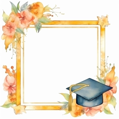 large golden frame with graduation caps and flowers, watercolor style, clipart