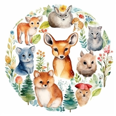 Enchanted Forest Animals colorful Watercolor Clipart
