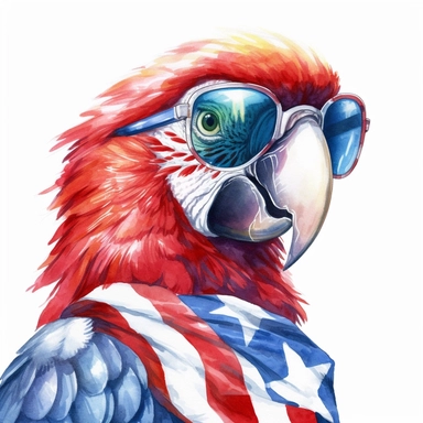 Scarlet macaw, wears American flag scarf and sunglasses, closeups shot, low angle, watercolor style, hyper-realistic animal illustrations, 2d game art, quadratura, clipart, on white background,