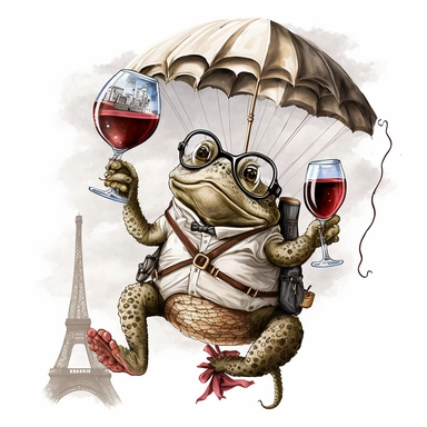 studious toad with glasses and red wine in his hand while parachuting from the Eifel tower, vintage, funny, white background, clipart, no shadows, caricature