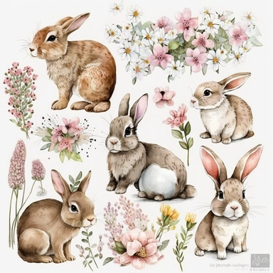 clipart spring bunnies, watercolor animals, pink floral clipart, easter, rabbit, forest, cute, nice, country, nursery art, for print, white background, separate elements