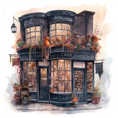 a spooky magic shop decorated for Halloween , diagon alley from Harry Potter inspired, magical, Gouache, white background with margins, Clipart style