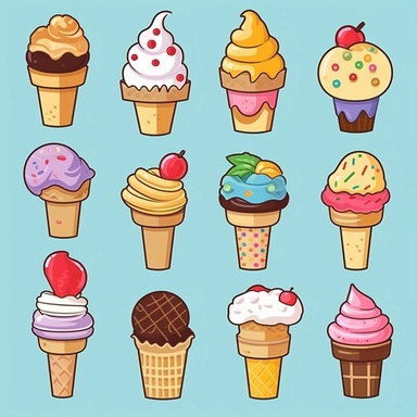 Craft a collection of eye-catching clipart images showcasing delicious ice cream delights in a playful and colorful style. Use a mix of bold and vibrant colors to bring out the sweetness and joy associated with ice cream. Include detailed illustrations of cones, sundaes, and an inviting ice cream truck. The clipart should exude a lively atmosphere, drawing inspiration from retro and pop art aesthetics to create a sense of nostalgia and fun.