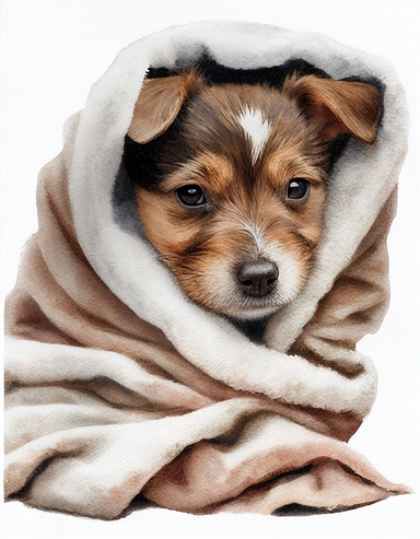 baby dog in a blanket, watercolor clipart, transparent background,