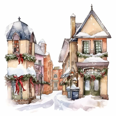 beautiful old town Christmas Clipart , style by Lucy Fleming, watercolor, smooth gradients, black contour outline, ultra detailed, clipart elements, delicate pastel colors, solid white background, super clear, high quality