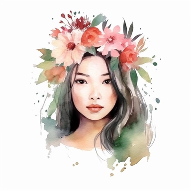 watercolor style, asian-origin girl with flowers on her head clipart, isolated on white background, hd