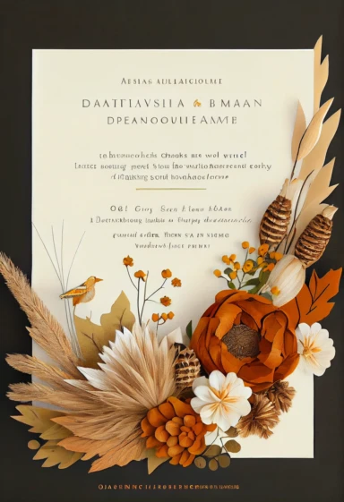 beautiful, intricate, sharp focus, light orange, tan, and brown fall colors, incorporate small thanksgiving pumpkins, turkey feathers, thanksgiving holiday invitation with white fluffy tail flowers,white wintergreen berries, dried grasses, dried leaves, dried flowers, show entire invitation, no border, clipart, on white background, flat lay, extreme detail, wedding invitation,
