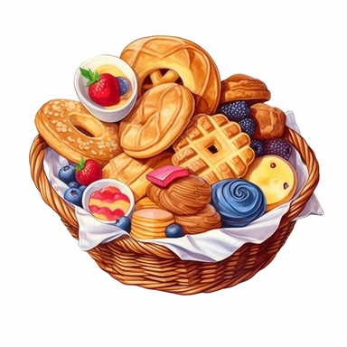 watercolor bread and biscuits in basket illustration in watercolour, in the style of lively illustrations, elaborate fruit arrangements, creative commons attribution, furaffinity, full body, biblical iconography, isometric Clipart desert cartoon t-shirt graphic, vector,contour, isolated on a white background