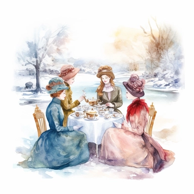 complex watercolor illustration of four victorian women/ladies having a Garden Tea party in a euphoric winter landscape, cottagecore, in KARL MARTENS style isolated,concept,art,8k,hd,watercolor,detailed,on white backround,clipart,--aspect 2:3