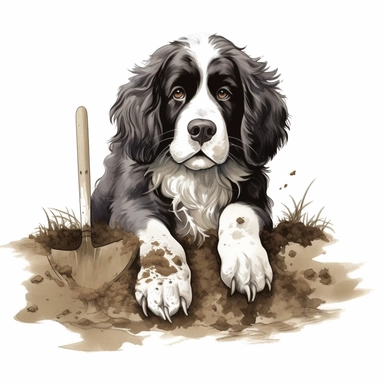 Landseer, digging in the dirt, cartoon, Clipart, white background, no text, no caption