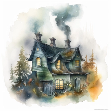 watercolor, hyper realistic, white background, white margins, 16k, ultra detailed clipart, cut out image, hand-drawn, whimsical a spooky-looking cottage in the heart of a dark forest with wispy smoke rising from its chimney. The color scheme should be muted shades of green and gray with pops of orange and yellow.