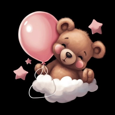 a smiling sleeping brown baby teddybear laying on a cloud, wearing a pink bib, tied in pink and white balloons, clipart, black background