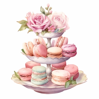 Clipart, Watercolor, Blush Peony Shabby Chic Tier Candy Tray with cupcakes, Macarrons and sandwiches, light colors, hand-draw, texture