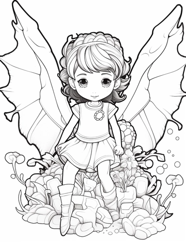clipart of a little girl coloring page with a dragon, and butterflies, in the style of gothic realism, chinapunk, elaborate borders, furry art, tinycore