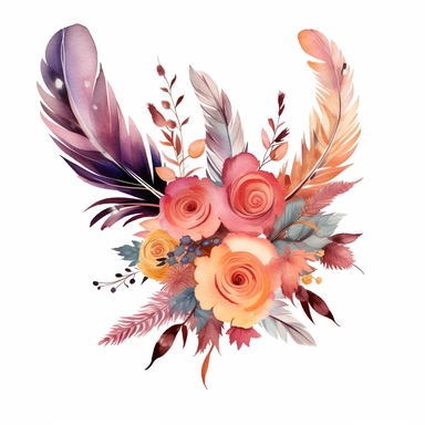 Design an auto sticker that exudes bohemian elegance through a combination of boho feathers and watercolor floral clipart bouquets. Let the graceful feathers and vibrant flowers create a captivating visual dance. Allow this design to reflect the free-spirited and sophisticated nature of the boho aesthetic.